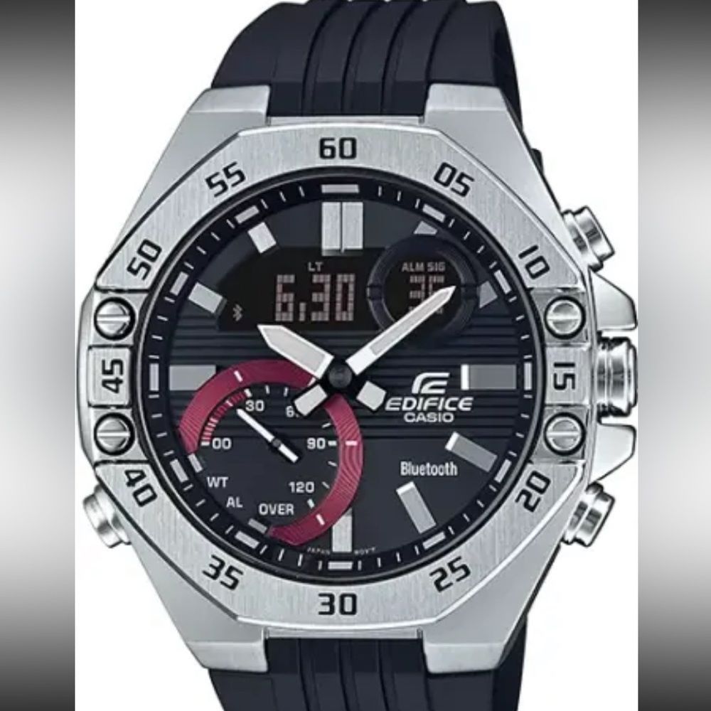 Casio Edifice Men's Black Silver Watch with Red Accent
